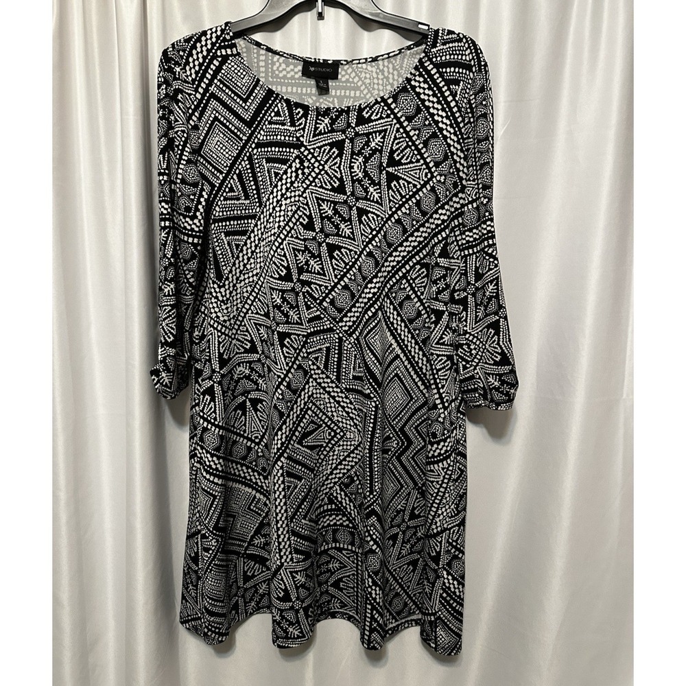 AB Studio Dress Size L Black 3/4 Sleeve Stretch Pockets Pullover Round Neck